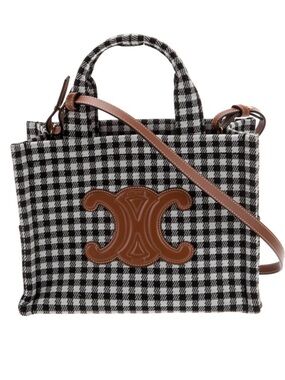 Celine Black-and-White Houndstooth Satchel with Brown Trim